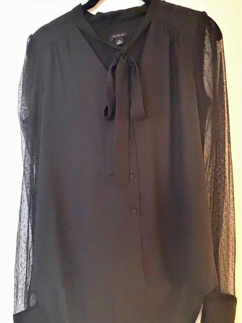 Ann Taylor Black Sheer Sleeve Tie Neck Blouse - XS
